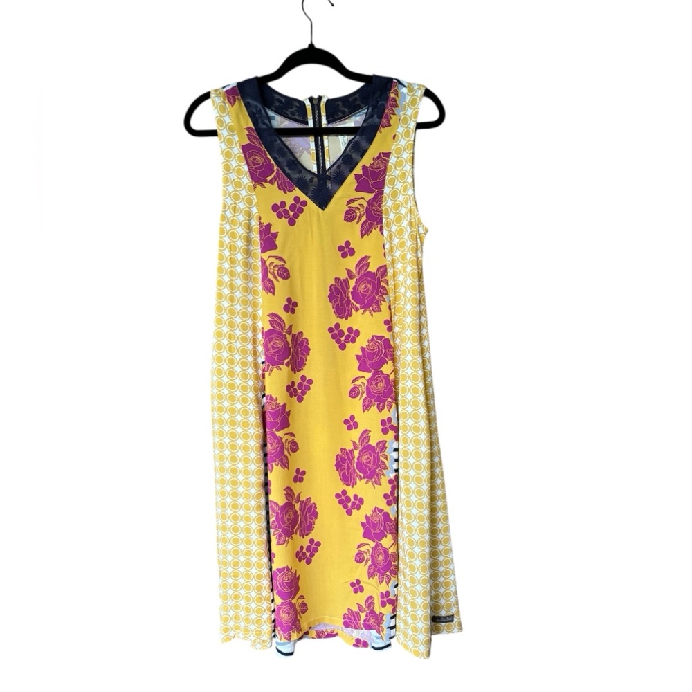 Matilda Jane Yellow Navy Blue Geometric Floral Dress Sleeveless Boho Chic Sz S‎